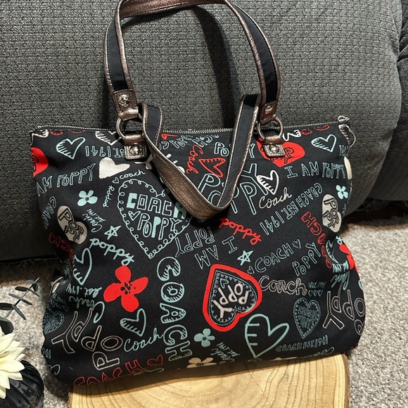 Coach Poppy Black Graffiti Shoulder Bag Tote Purse - Picture 2 of 14
